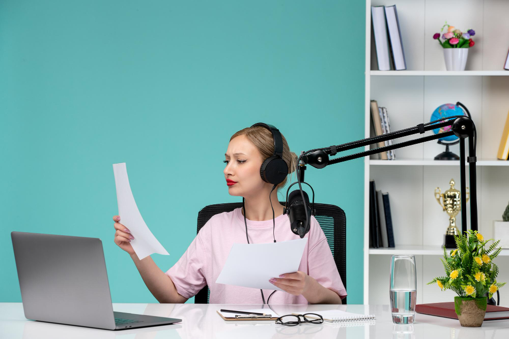 blogger-journalist-cute-young-girl-recording-video-computer-reading-book