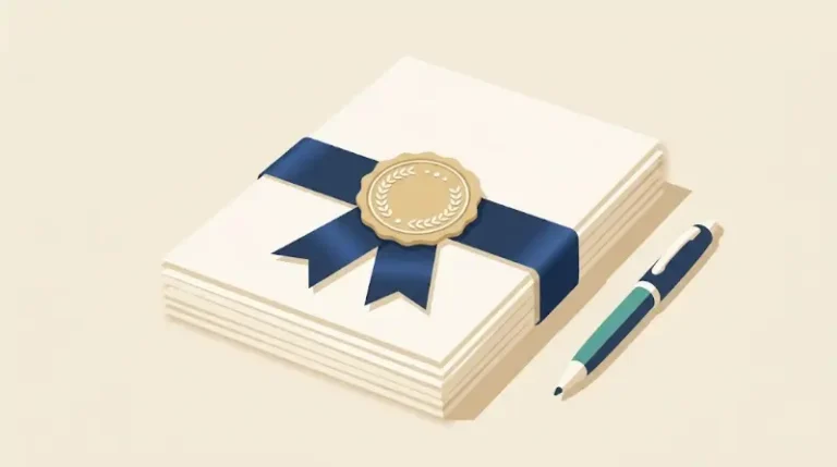 Illustration of official documents with a ribbon seal and a pen, representing the work of public service officials